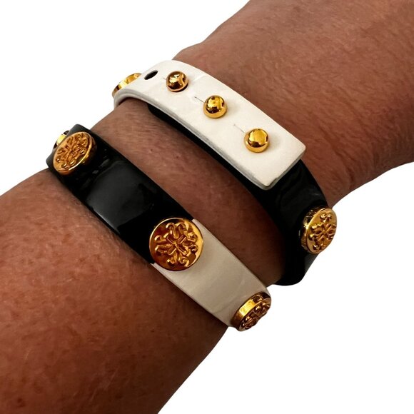 Rustic Cuff Meagan Genuine Leather Gold Studded Black White Wrap Bracelet - Picture 12 of 12